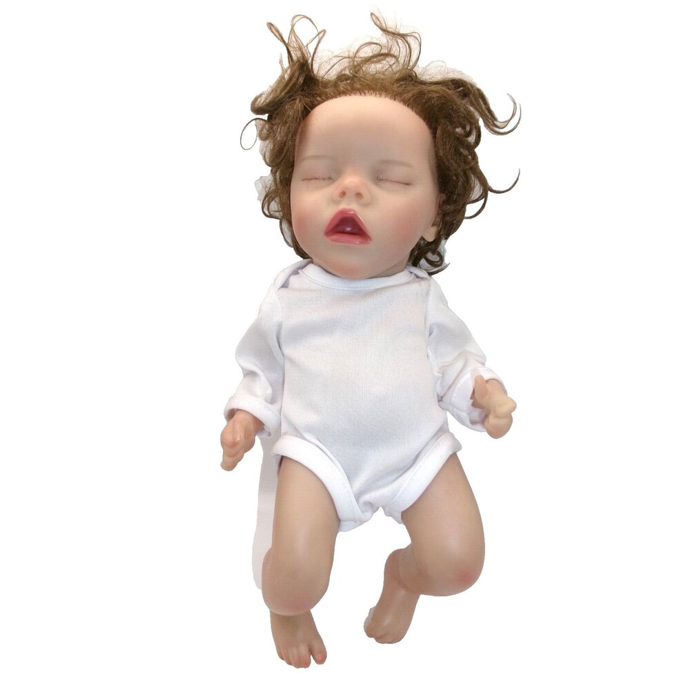 Reborn Baby Doll Sleeping Brunette Curly Hair Eyelashes 12 inches
